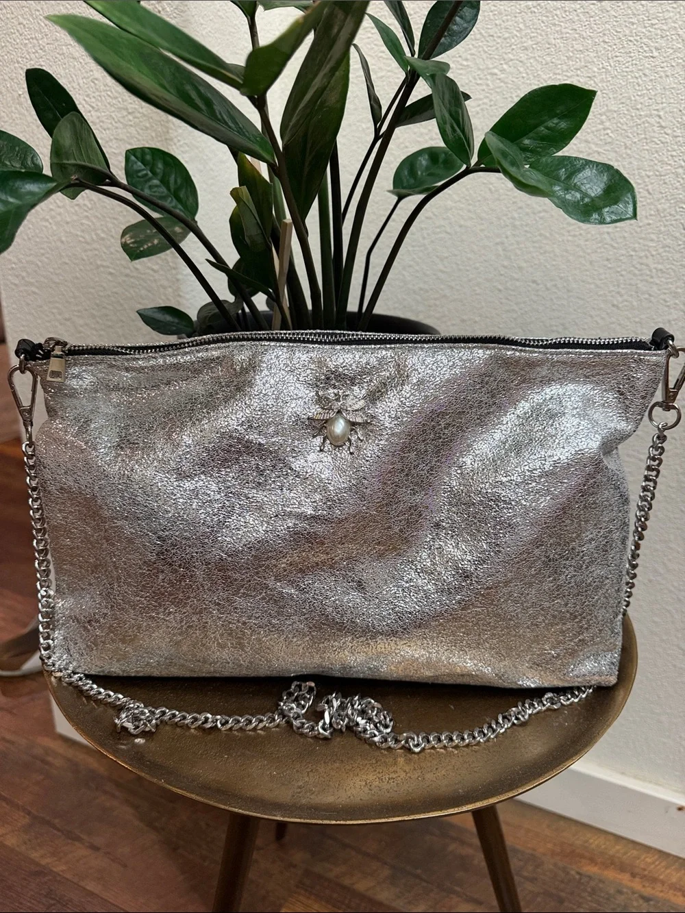 Zara Metallic Silver Foil Crossbody Bag Pearl Bumblebee Accent Cottagecore Glam